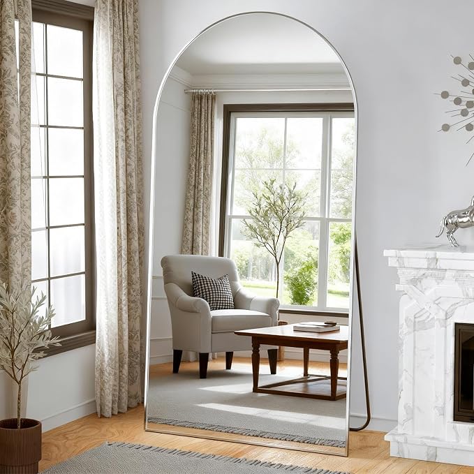Arched Floor Mirror 198x96 cm Silver Arch Full Length Mirror with Stand Large Wall Full Body Standing Hanging or Leaning Against Wall for Bedroom Entry, Living Room