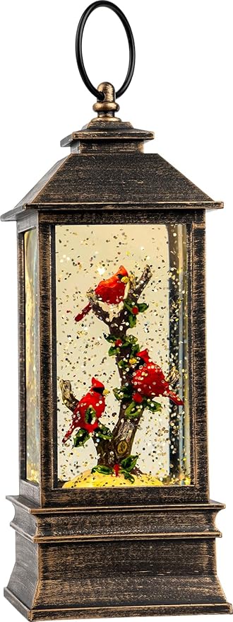 Christmas Snow Globe Lantern Water Glittering 10'' Cardinal with Music & Timer, USB Lined/Battery Operated Lighted Lantern for Christmas Festival Decoration Gifts
