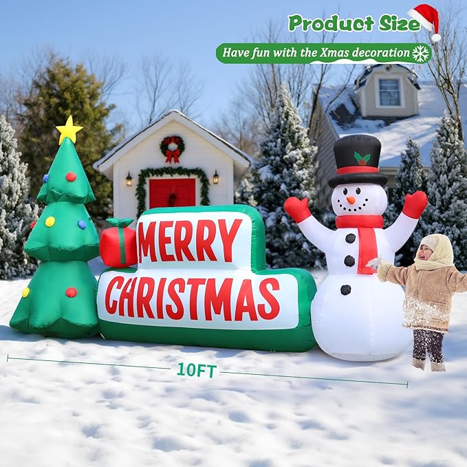 FunFanso 10 FT Long Christmas Inflatable Merry Christmas Sign Outdoor Decorations, Blow up Xmas Sign with Christmas Tree and Snowman, Built-in LED Lights for Yard Lawn Garden Holiday Party Home Porch