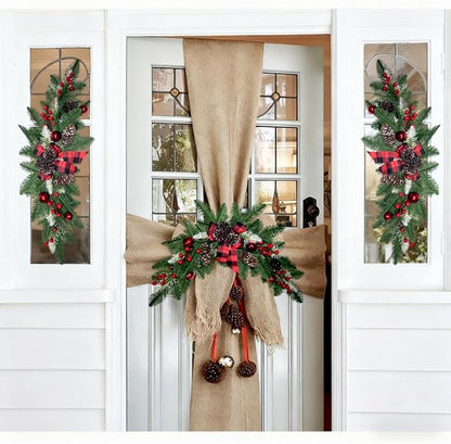 27.6" Christmas Swag with Lights Artificial Decorative Swag with Cute Bow Red Xmas Balls PineCones Red Berries Cedar Pine Swag Wreath Decoration for Front Door Table Window Stair Mantle Holiday Decor