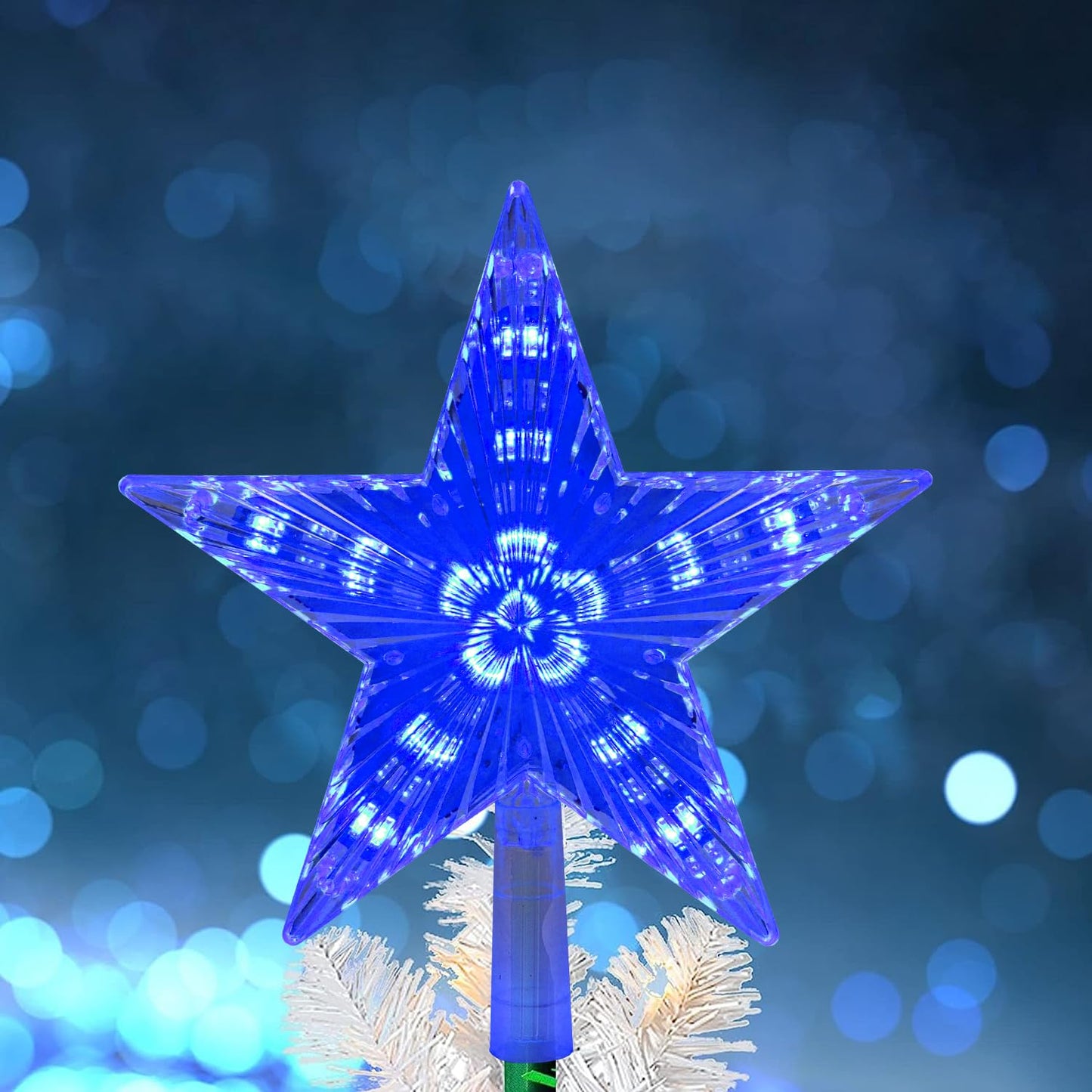 DERAYEE Christmas Tree Topper, 9 Inch Lighted Xmas Star Tree Topper Battery Operated Treetop for Christmas Tree Decorations Indoor Home Décor (6H Timer, Blue Lights)