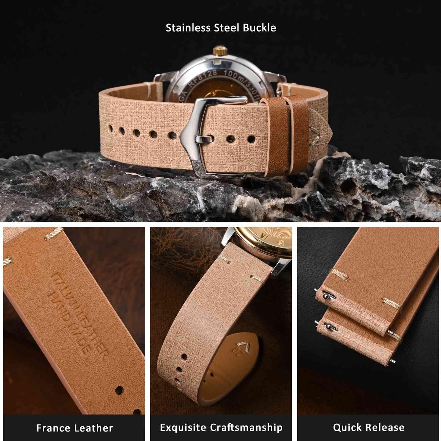 WOCCI 18mm Leather Watch Band, Full Grain Calfskin (Beige)