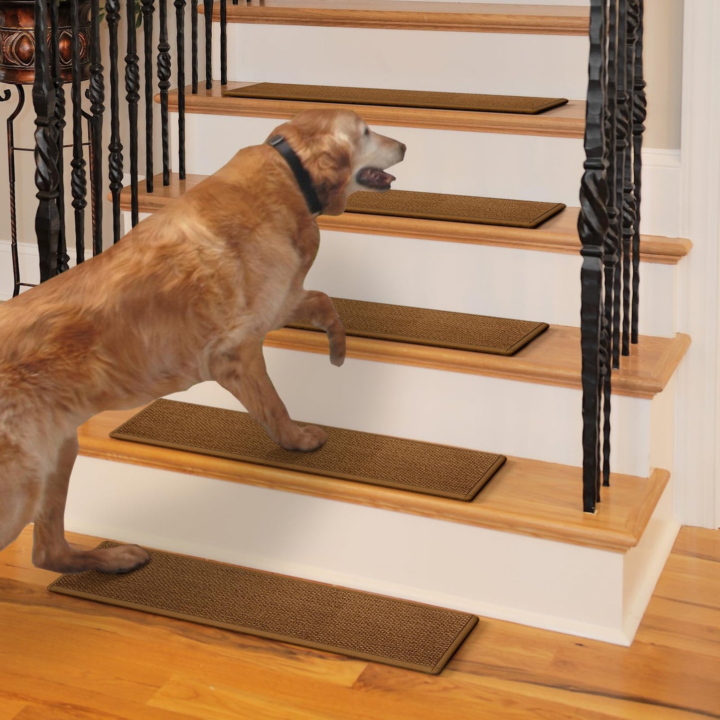 DOPLUSDO Non Slip Stair Treads for Wooden Steps, Stair Runners Indoor, 15 PCS 8" x 30" Natural Linen Carpet Stair Treads, Self-Adhesive Washable Backing for Kids Elders and Pets, Coffee