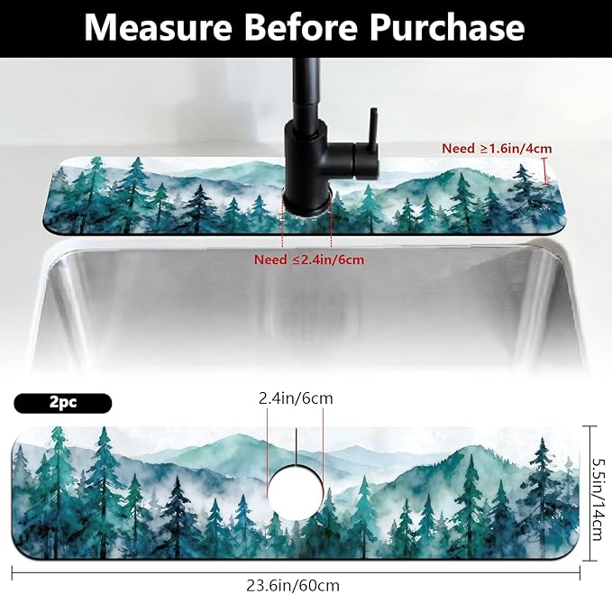 2 Pcs Kitchen Sink Splash Guard Faucet Mats Watercolor Forest Pattern Faucet Mat