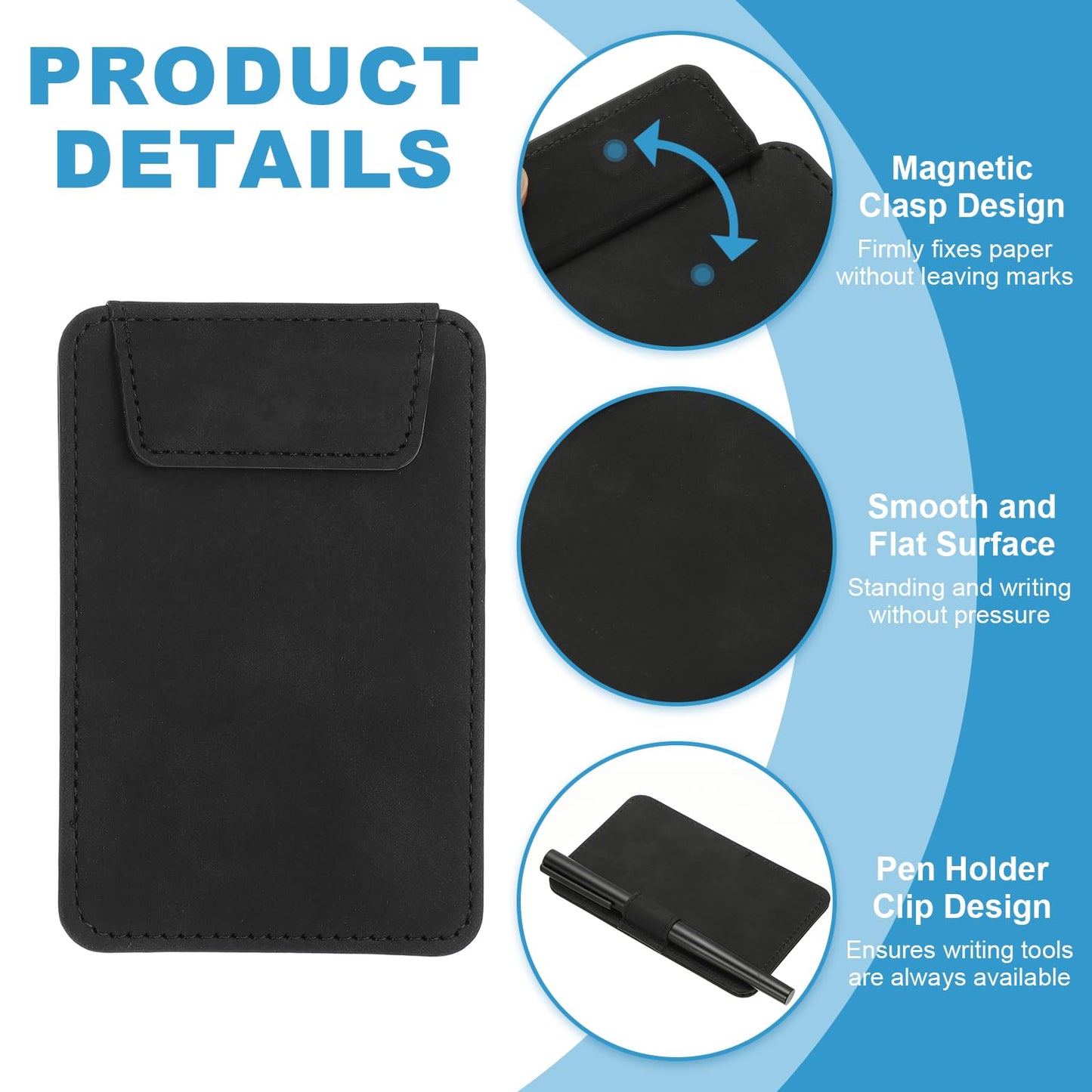 uxcell 2 Pack Mini Clipboard, 5" x 3" Leather Small Clipboard with Pen Holder, Mini Size Magnetic Writing Clip Boards for Business, Office,Restaurant and Hotel (Black)