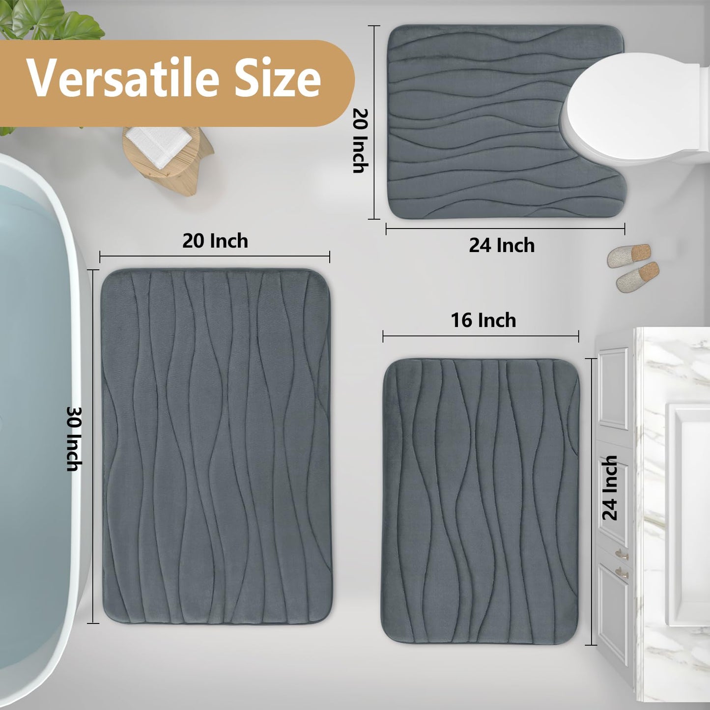Buganda Memory Foam Bathroom Rug Mat 24x16, Extra Soft and Absorbent Bath Mats, Non-Slip and Machine Washable Bath Rugs for Bathroom Floor,Tub and Shower, Dark Grey