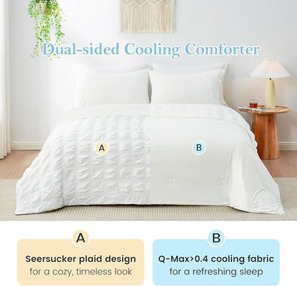 Cozy Bliss Cooling Comforter Queen Size Seersucker Plaid, Q-Max 0.4 Reversible Lightweight Cooling Blanket, Breathable Silk Smooth Summer Bedding Quilt for Hot Sleepers Night Sweats White