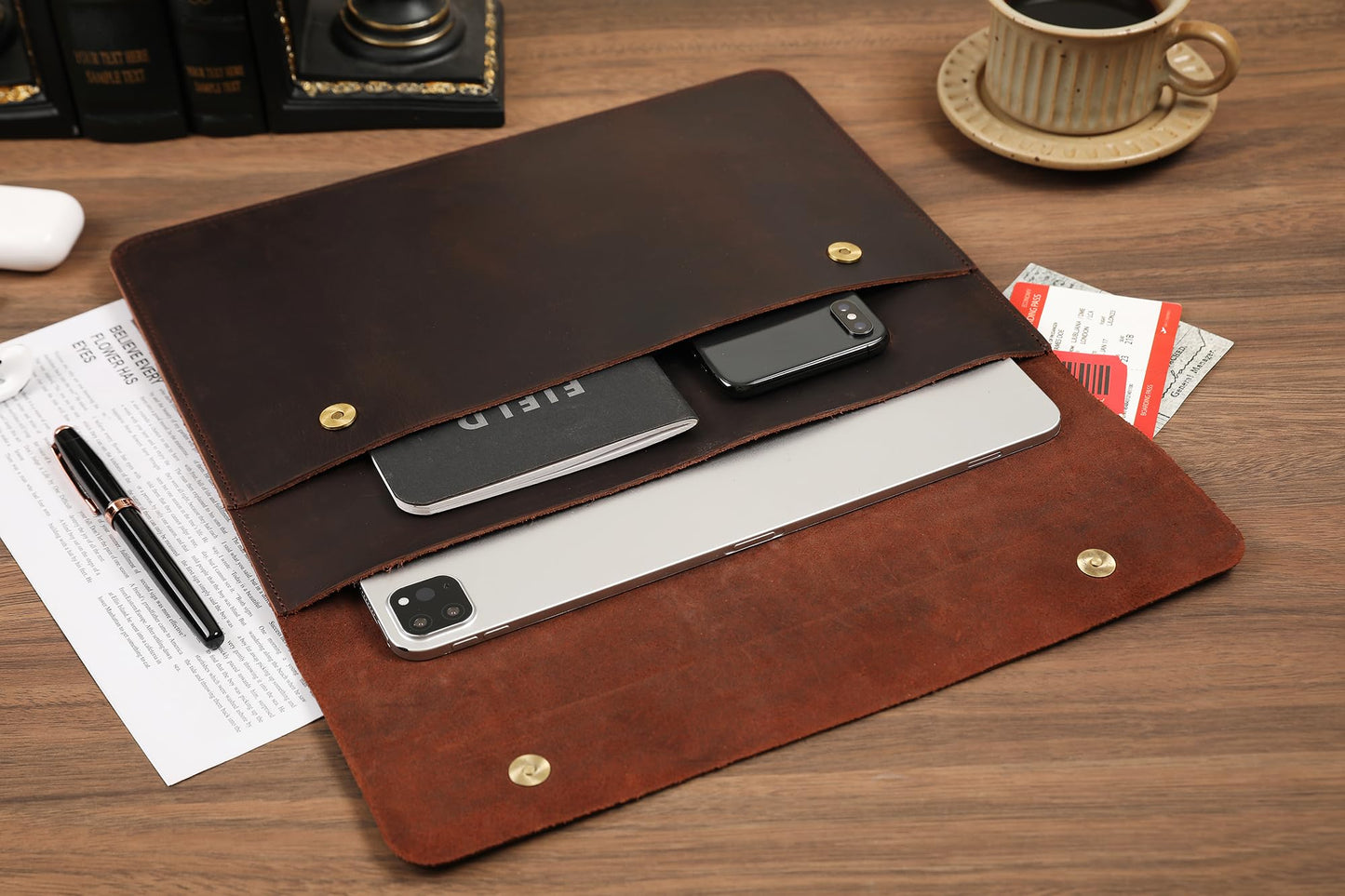 Leather Tablet Sleeve - 12.9/13 Inch iPad Pro Sleeve, Document Holder Folio File Holder, Genuine Leather iPad Case for Protection and Style-Dark Brown