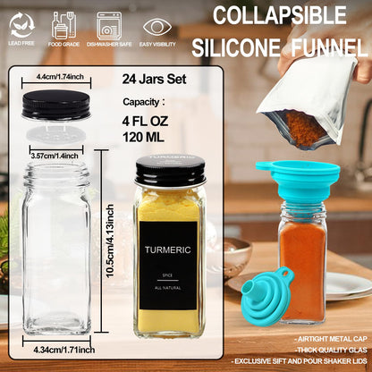 AISIPRIN 24 Pcs Glass Spice Jars with 398 Labels, 4oz Empty Square Spice Containers Seasoning Bottles - Shaker Lids, Funnel, Brush and Marker Included(Black Metal Caps)