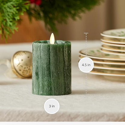 Luminara Selenite Looking Flameless Candle, Holiday Green 3" x 4.5", Battery Operated Real Wax Moving Flame LED Pillar w/Timer, Home Decor Unscented