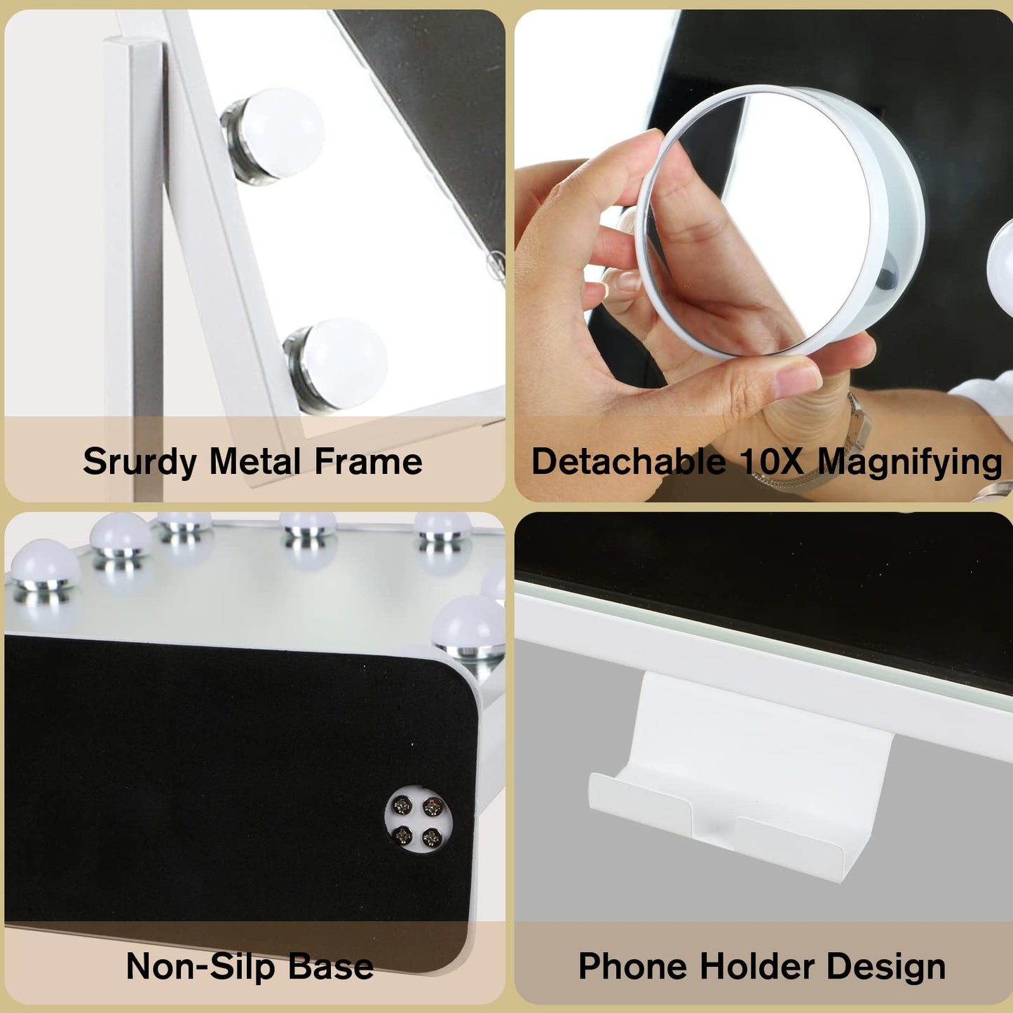 Lighted Makeup Mirror Hollywood Mirror Vanity Mirror with Lights, Touch Control Design 3 Colors Dimable LED Bulbs, Detachable 10X Magnification, 360°Rotation, (White) 12" L x 14" W