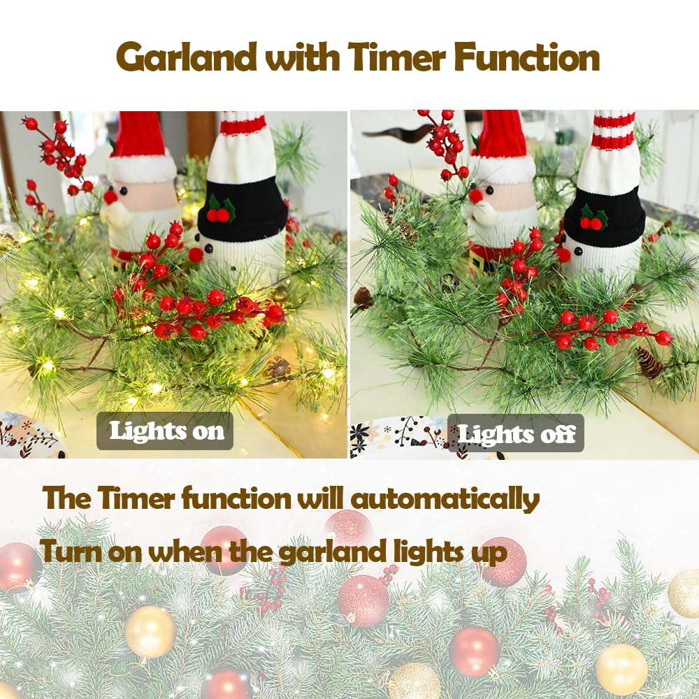 PALONMY Christmas Garland Lights 6.56 FT Smokey Pine Garland with 30 LED Fairy Lights Battery Operated Garland Lights with Red Berries Bells Pine Cones Christmas Indoor Home Decorations