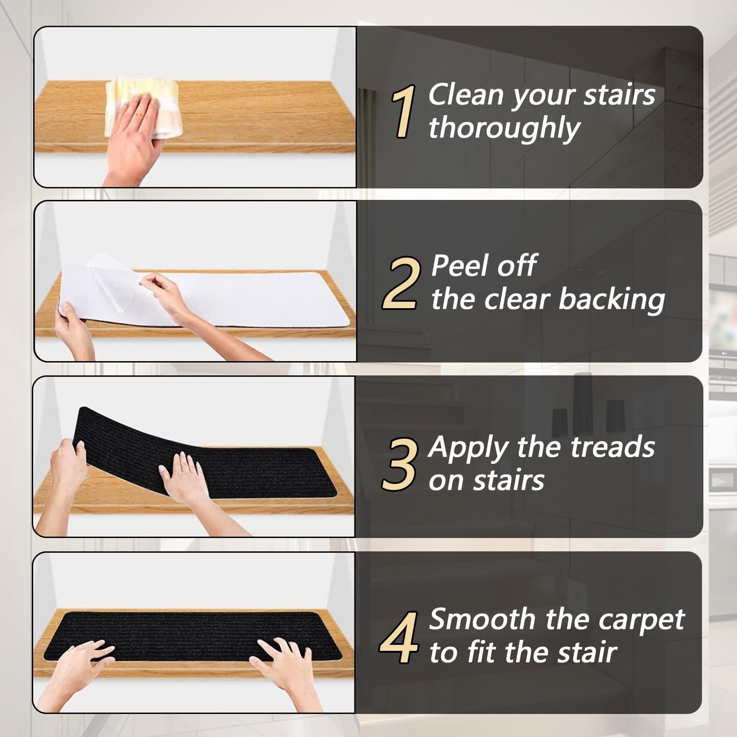 Lacut Non-Slip Stair Treads, 7.8" X 30" (15-Pack) Stair Runner Indoor Outdoor Mat, Black Slip Resistant Stair Tread Mats Step Covers Pads for Elders, Kids and Pets (30" x 7.8", Black)