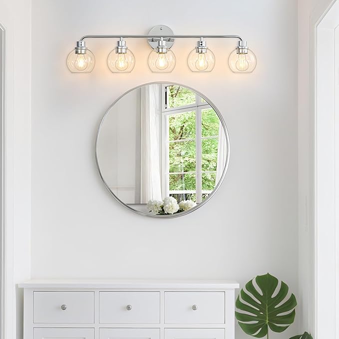 Bathroom Light Fixtures Chrome Vanity Light Silver 5 Light Modern Wall Sconces Lighting Bathroom Lights with Globe Glass Shades Bath Wall Lights for Mirror Kitchen Living Room Hallway 34.5"