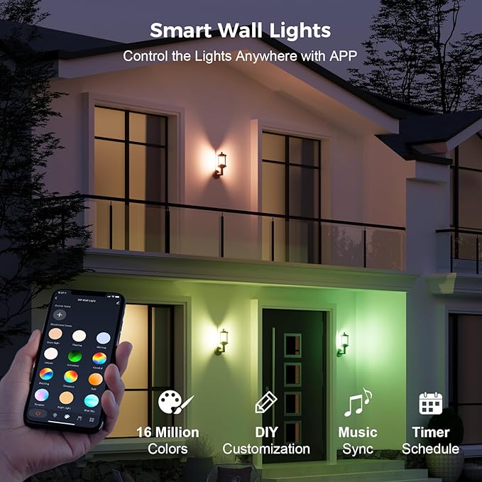 XMCOSY+ Outdoor Wall Lights, 1100LM LED Wall Sconces, Smart RGBW Porch Lights Outdoor, WiFi APP Control, Compatible with Alexa, Adjustable Dual-Head IP65 Waterproof Wall Lanterns, 1 Pack