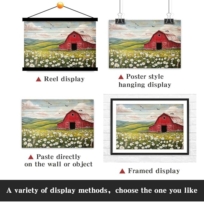 Yesad Country Red Barn Pictures, Daisy Canvas Wall Art Wildflower Meadow Poster Flower Print Rustic Farmhouse Decor Barn Painting Wall Decor Home Decoration for Living Room (Unframed,36”x24”,Barn2)