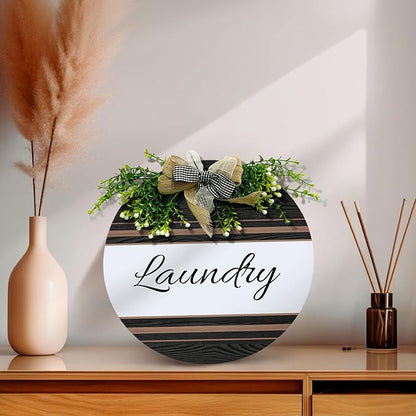 Laundry Door Sign Laundry Room Wood Hanging Signs for Front Door With Wreath And Bow Farmhouse Rustic Vintage Round Plaque for Washer And Dryer Room Wall House Decoration 12 Inch