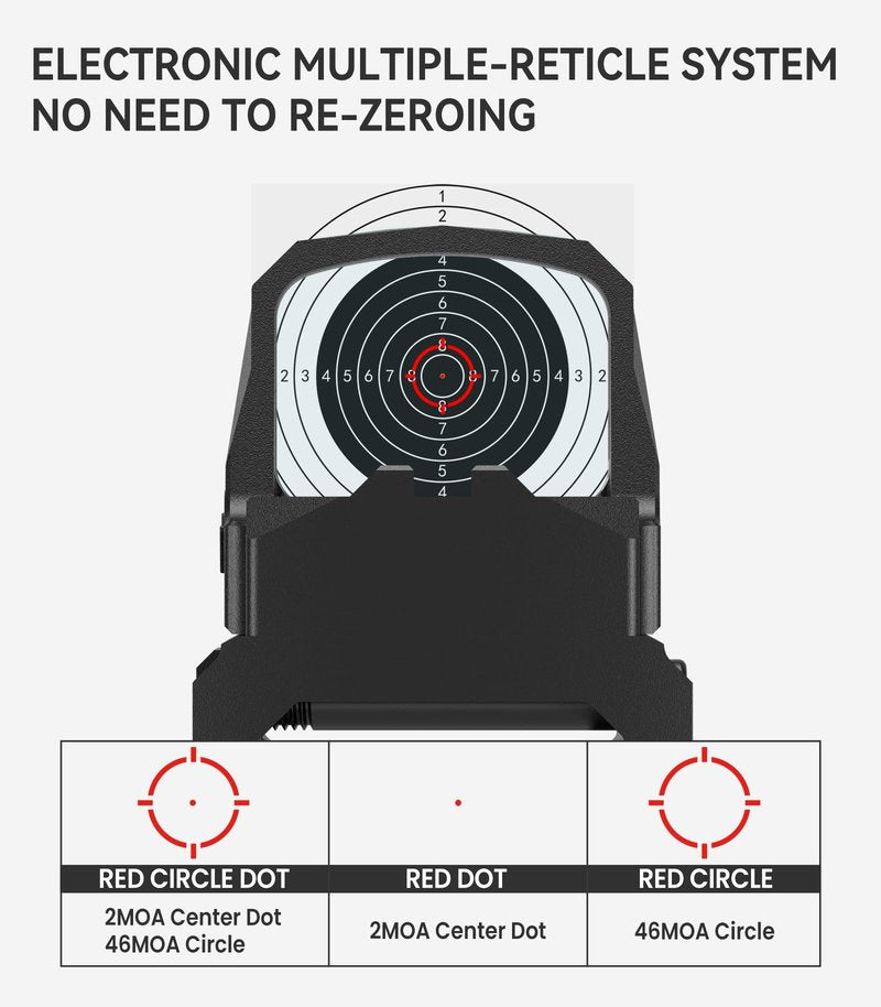 VOTATU PMD505-R Micro Red Dot for RMS/RMSc Footprint, Multiple Reticle Reflex Sight with Picatinny Mount - Shake Awake Optic for Pistol - 2 MOA Dot 46 MOA Circle