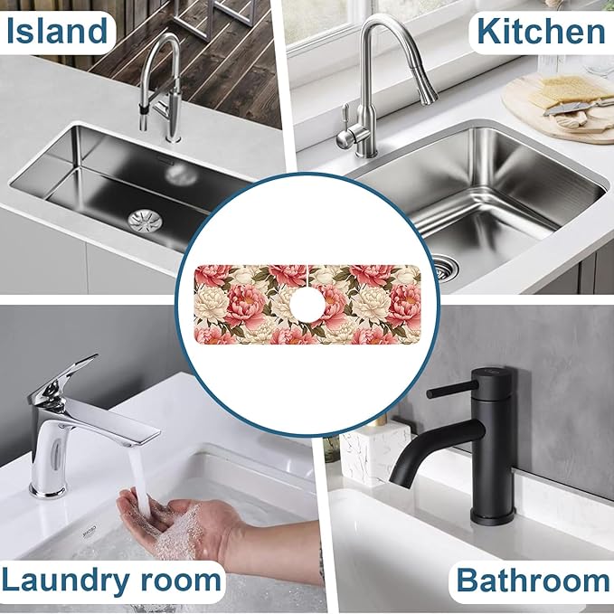 Beautiful Peony Sink Splash Guard Bright Peonies Faucet Absorbing Mat Fast