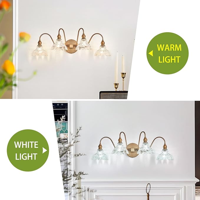 Vintage 4-Light Brass Bathroom Vanity Light Fixtures, Wall Sconces Vanity Lighting Fixture for Bedroom Bathroom Dressing Room Living Room
