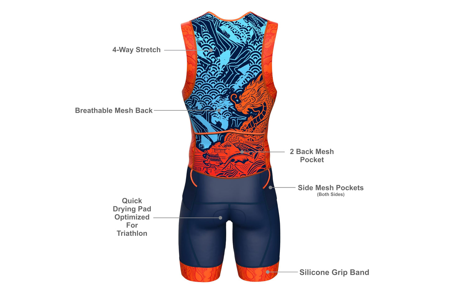 Wixen Men’s Triathlon Suit –Breathable & Padded Tri Suit for Swim, Bike & Run | Race Day Gear for Triathletes - Navy Dragon-M