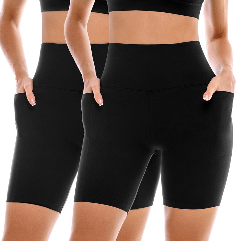 Ipletix 2 Pack Womens Biker Shorts with Pockets, 6" High Waisted Tummy Control Yoga Shorts for Women Running Gym Black/Black XXL