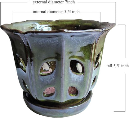Orchid Pots with Holes 6 inch Ceramic Orchid Pot with Attached Saucer and Drainage Hole (mossgreen)