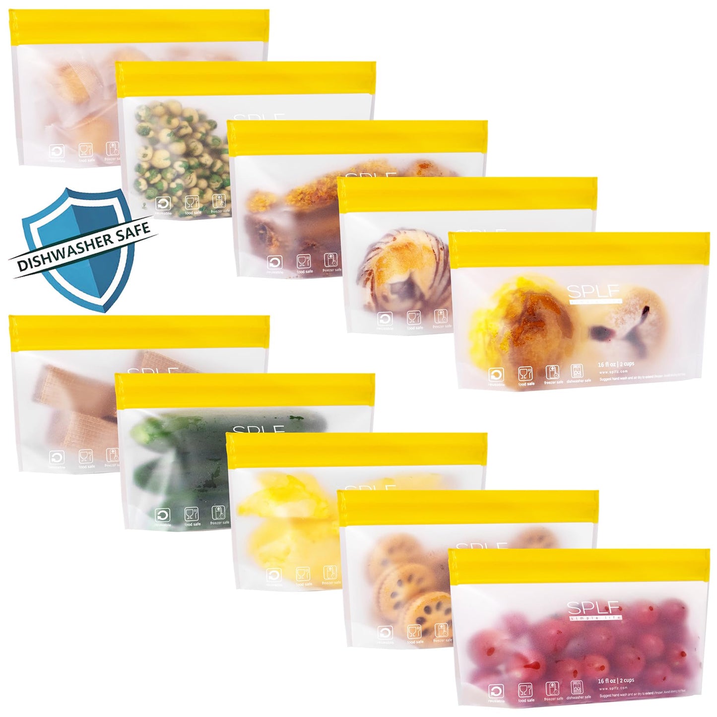SPLF 10 Pack Stand-Up Reusable Food Storage Bags Dishwasher Safe, BPA Free Reusable Freezer Bags, Extra Thick Leakproof for Meal Prep, Sandwich, Bread, Veggies - 3 Gallon 4 Quart 3 Snack