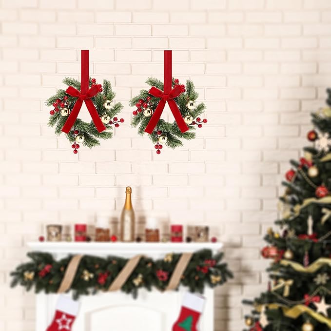 4PCS 9''Mini Wreaths for Cabinets with Ribbon Bows Red Berry Gold Ball, Small Wreath Hanging for Xmas Wall Farmhouse Window Door
