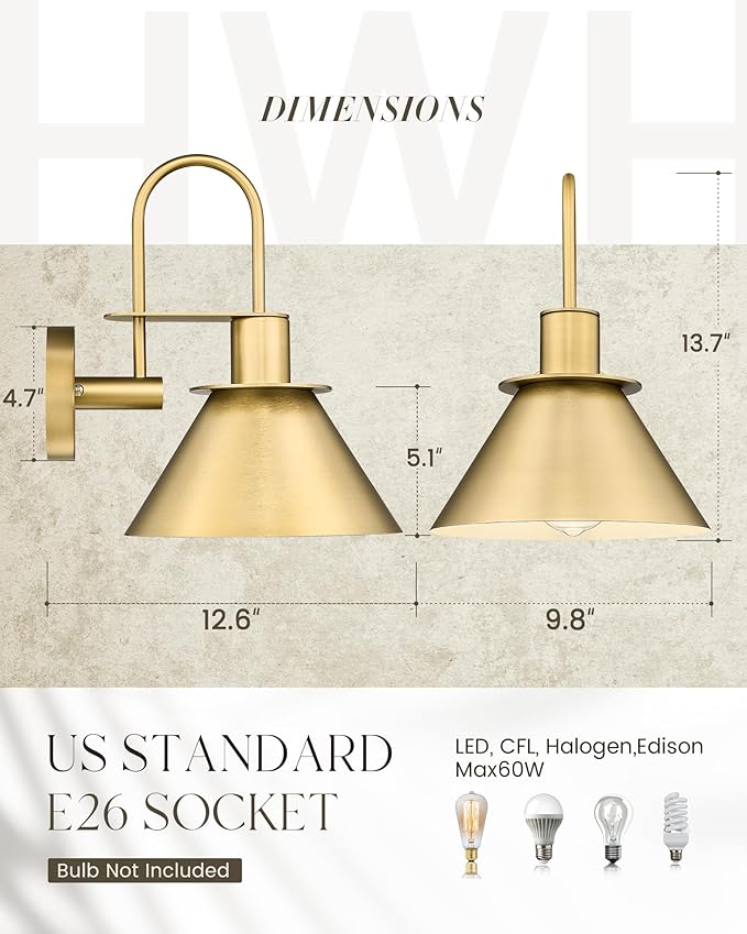 Brass Wall Sconce, HWH Gooseneck Wall Light Sconces for Bedroom Bathroom, 1-Light Indoor Wall Light Fixtures with Metal Shade, White Interior, Gold Finish, 5HZG56BL BG