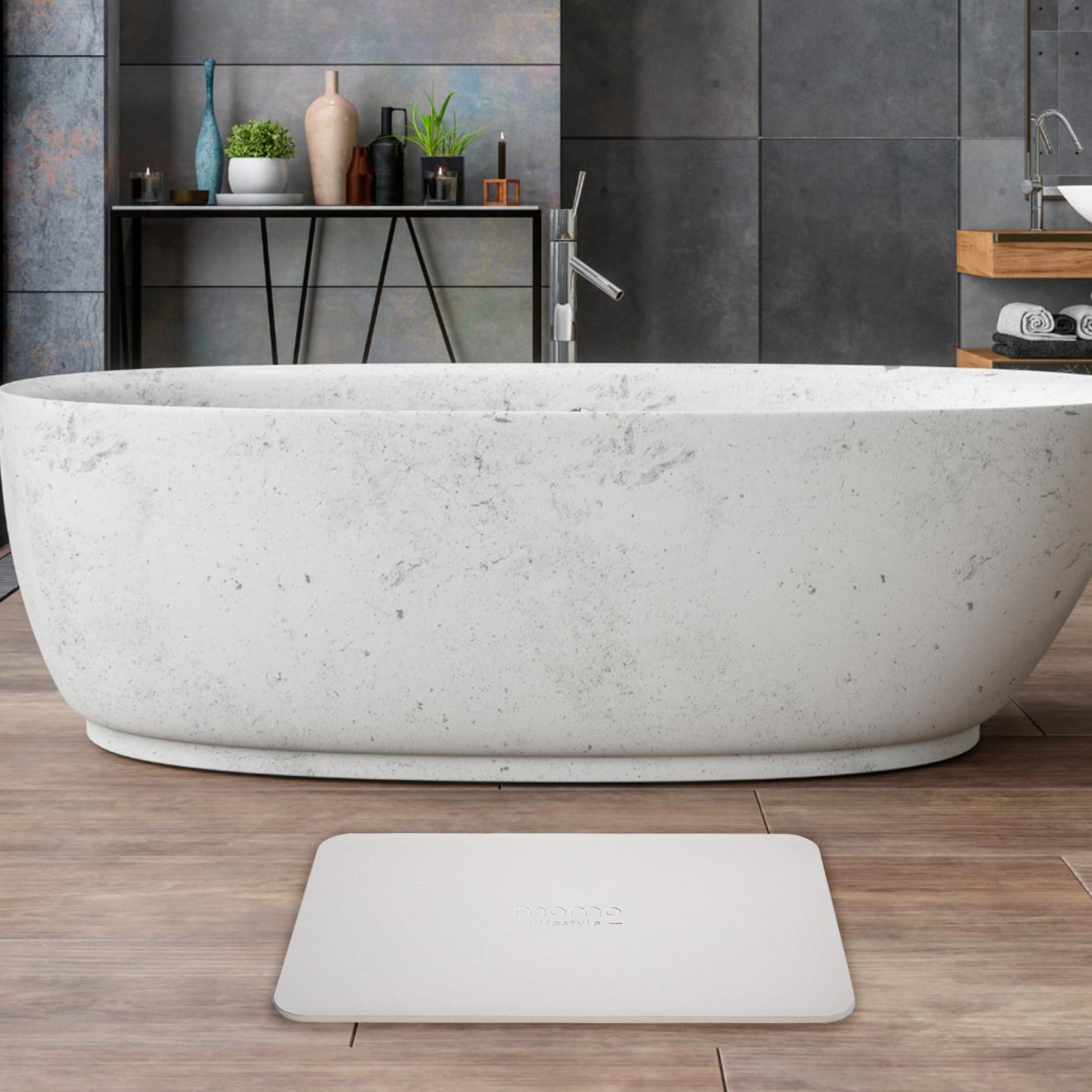 Momo Lifestyle Stone Bath Mat – Quick Dry Diatomaceous Earth Bath Mat, Non Slip Bathroom Shower Mat, Ultra Absorbent Diatomite Bath Stone, Linen Grey, 23.6 x 15.4”