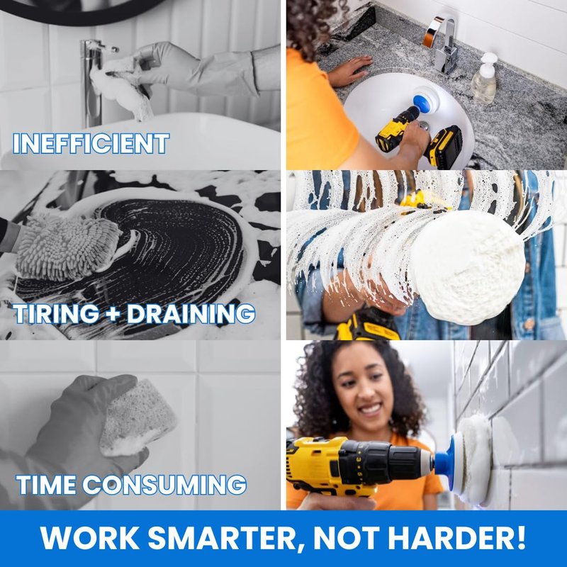 RotoScrub 7 Pack Multi-Purpose Drill Brush Kit for Cleaning Bathrooms, Showers, Tubs, Tile, Floors, Sinks, Toilets, Grout and Grime Removal, Reversible Blue and White Scrub Pads
