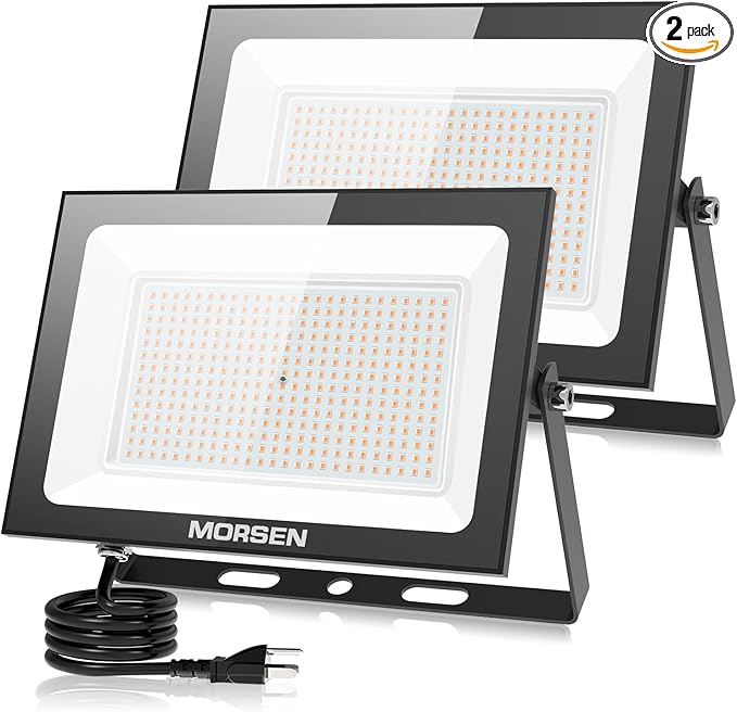 MORSEN 300W Warm White Led Flood Lights Outdoor, 3000K Super Bright 45000LM Security Lights with Plug,Exterior IP66 Waterproof FloodLight for Basketball Court, Yard, Garden, Playground 2 Pack