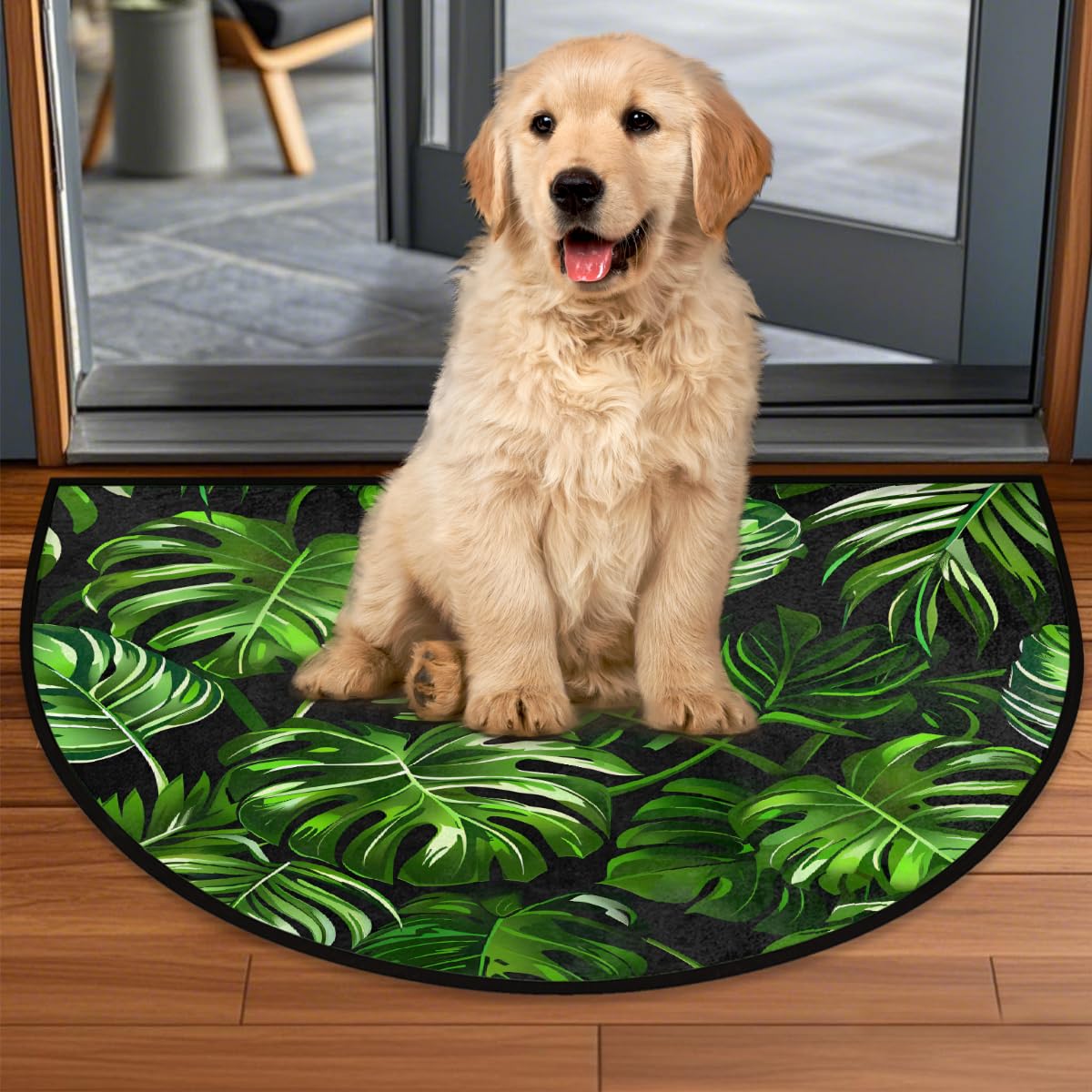 YPPAHHHH Half Round Door Mat Palm Tree Monstera Leaves Tropical Welcome Mats Non-Slip Front Doormat Indoor Entrance Half Circle Bathroom Mat Low-Profile Kitchen Floor Mats, 36x24in