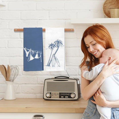 Blue Beach Surfboard Kitchen Towels, Coastal Tropical Palm Tree Decorative Hand