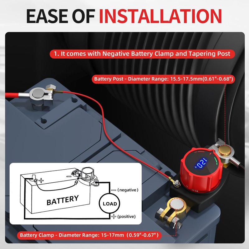 Joinfworld Top Post Battery Disconnect Switch 12V-48V with Led Voltmeter, DC 5-60V Battery Kill Switch Negative On/Off Battery Cut Off Switch for Marine, Cars, Vehicles, RVs and Boats
