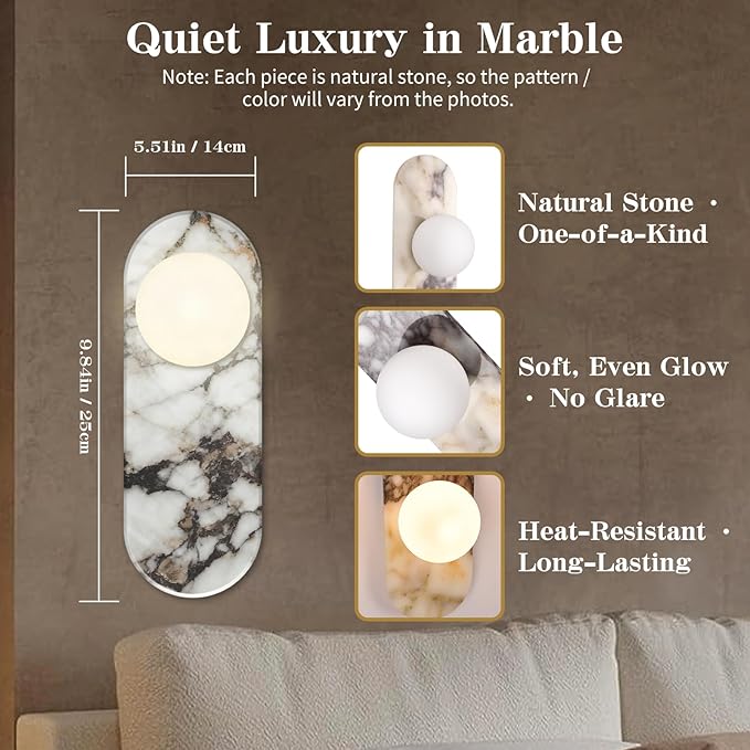 Natural Marble Wall Sconce with Alabaster Glass Globe, Modern Hardwired Wall Light Fixture for Bedroom, Bathroom, Dining Room, Hallway, Stairs (1-Light Sconce)