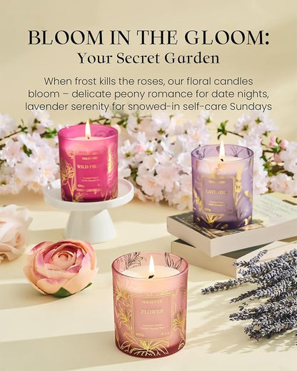 M&SENSE Floral Scented Soy Candles, Wild Peony Subtle Scented Vegan Soy Candle, 8.1oz 42-Hour Long Last Burning Time, No Toxin Bathtub Thanksgiving Christmas Date Night Romance Home Fragrance for Her