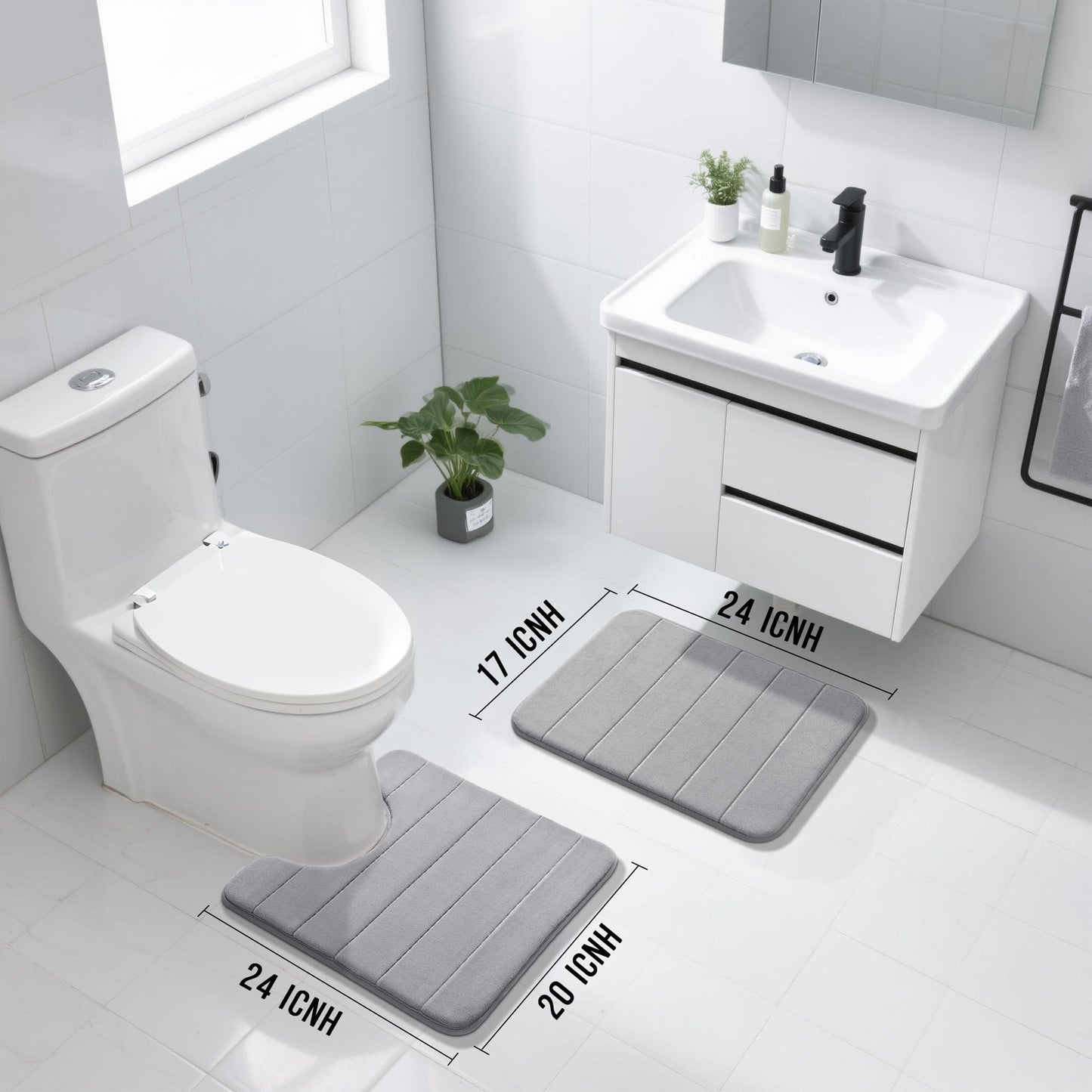 Yimobra U-Shaped Toilet Bath Mat Set 2 Piece - Super Soft Absorbent Quick Dry Memory Foam Bathroom Rugs, Machine Washable Non Slip Floor Carpet for Tub Shower & Single Sink (17x24 & 24x20, Gray)