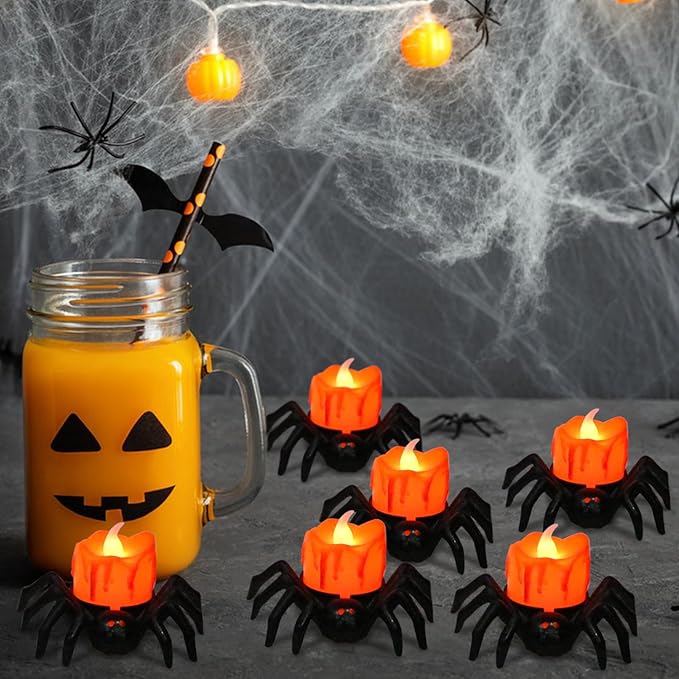 Halloween Decorations Tea Lights Candles with 6H Timer, 6 PCS Φ 1.6" H 1.6" Battery Operated Halloween Candles Flameless LED Candle Holders Flickering Table Party Halloween Decor Indoor