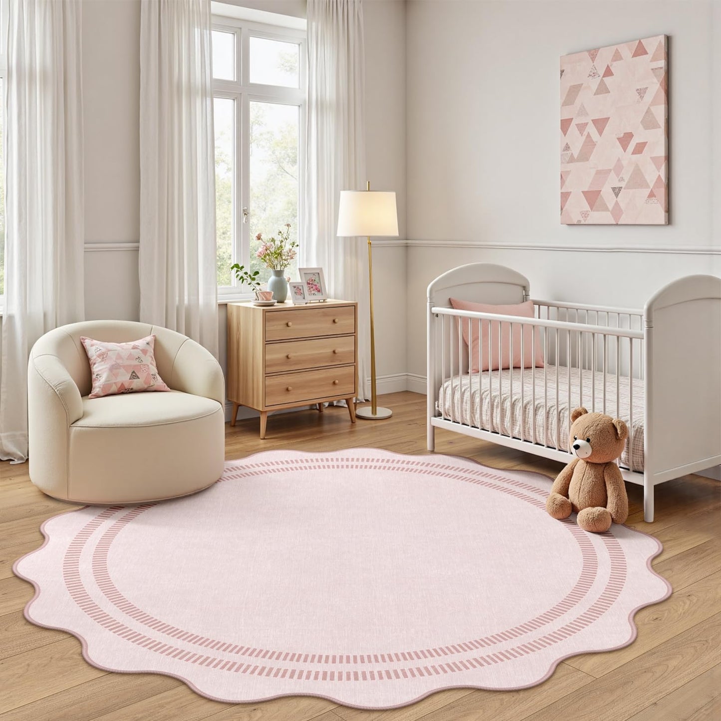 LORWER Washable 5ft Area Rugs for Living Room, Solid Pink Non Slip Rugs for Bedroom Girls, Stain Resistant Scalloped Soft Carpet for Nursery Dorm Dining Room
