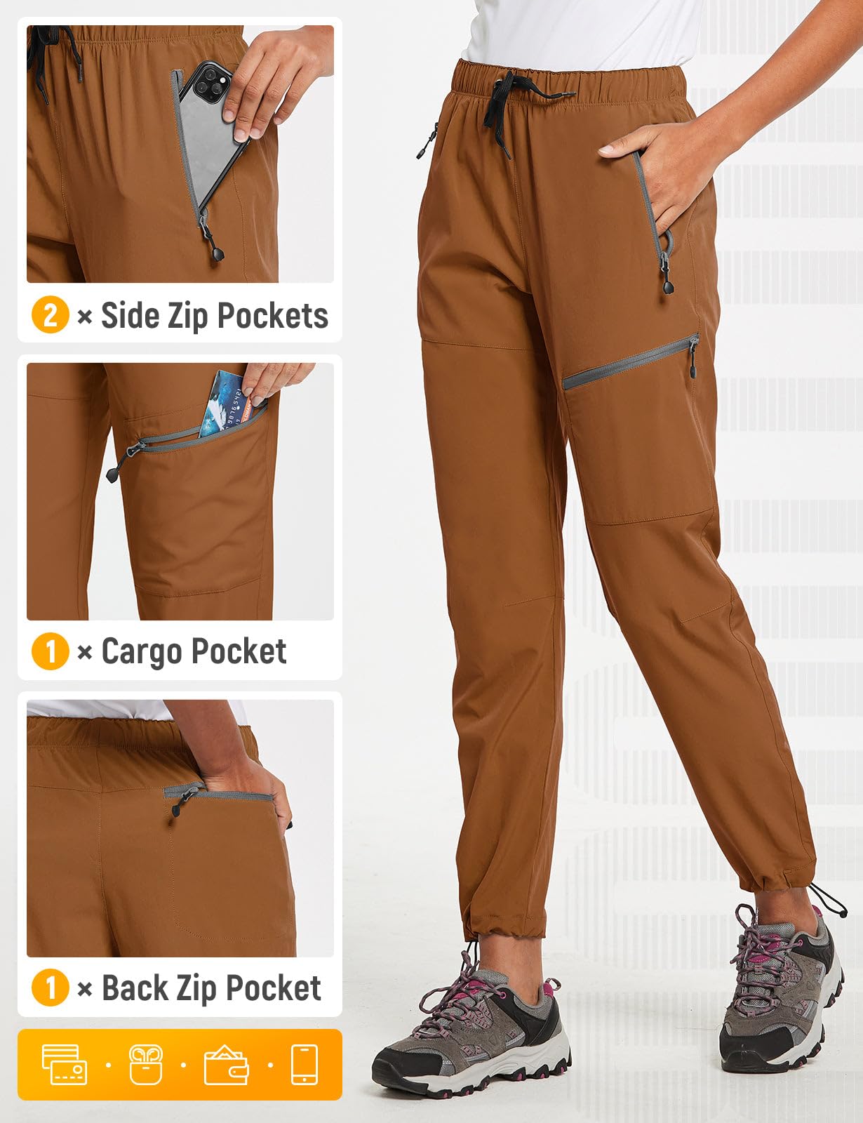 baleaf Cargo Pants for Women Petite Joggers Lightweight Quick Dry Pant Water Resistant 27'' Travel Workout Athletic Trip Caramel XXL