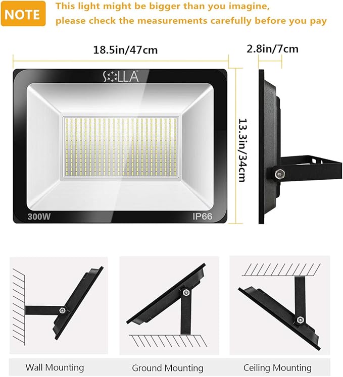 SOLLA 300W LED Flood Light Outdoor, 1600W Equivalent, 24000LM Super Bright Arena Lights, IP66 Waterproof, 6000K Daylight White, LED Commercial Lights for Sports Fields and Counts