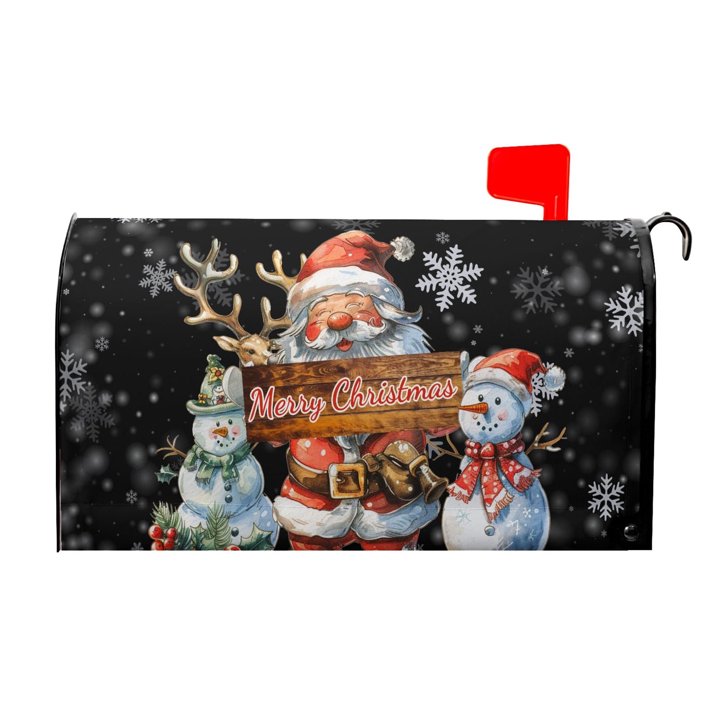 Merry Christmas Mailbox Cover Magnetic Snowman Santa Claus Reindeer Decorative Letter Post Box Cover Large Size 25.5x21 Inch Happy Holiday Xmas Black Post Wraps for Home Outdoor Garden Yard Decor