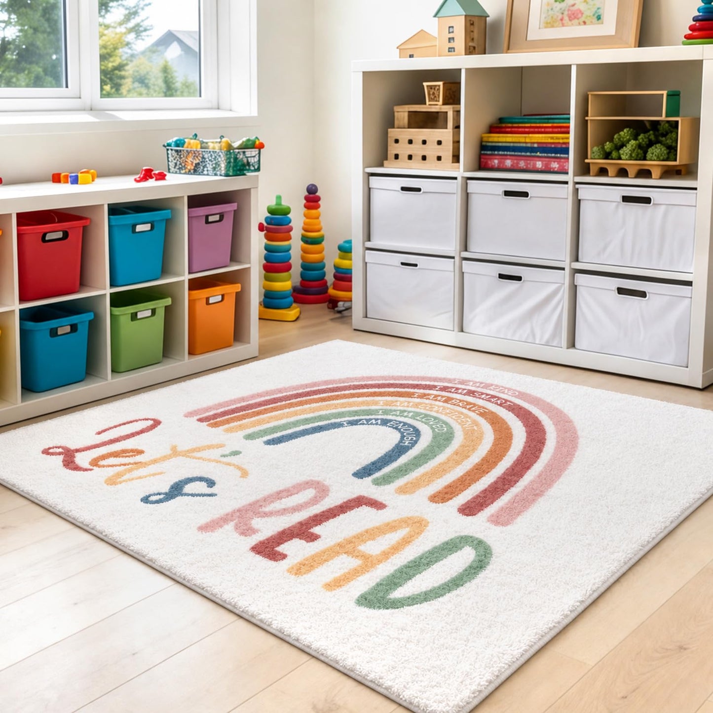 3.3x4 ft Boho Rainbow Classroom Rug Let's Read Motivational Area Rug Back to School Floor Mat Reading Corner Decor Non-Slip Play Carpet for Calming Corner Library Nursery Playroom Bedroom Living Room