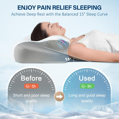 Effective Pain Relief Cervical Neck Pillow for Sleeping, Memory Foam Pillows for Neck Support, Odorless Contour Side Pillow, Ergonomic Bed Pillow for Back Stomach Sleeper (Grey and White)