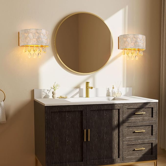 2-Lights Capiz Shell Crystal Wall Sconces, Coastal Design Indoor Wall Lamp, Vanity Wall Mount Light Fixture for Bathroom, Hallway, Bedroom, Shell Lampshade, Crystal Pendants & Gold Finish