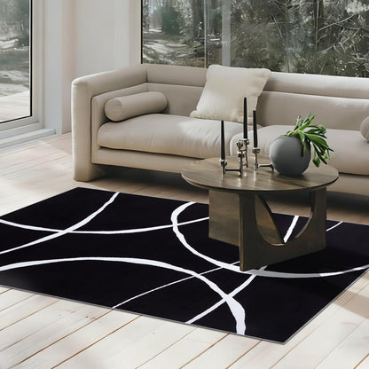 YIHOUSE Modern Washable Area Rug for Living Room Bedroom - Large Abstract Black and White Rug Non-Slip Ultra-Thin Home Decor (Dark Curve, 5'x7'ft)
