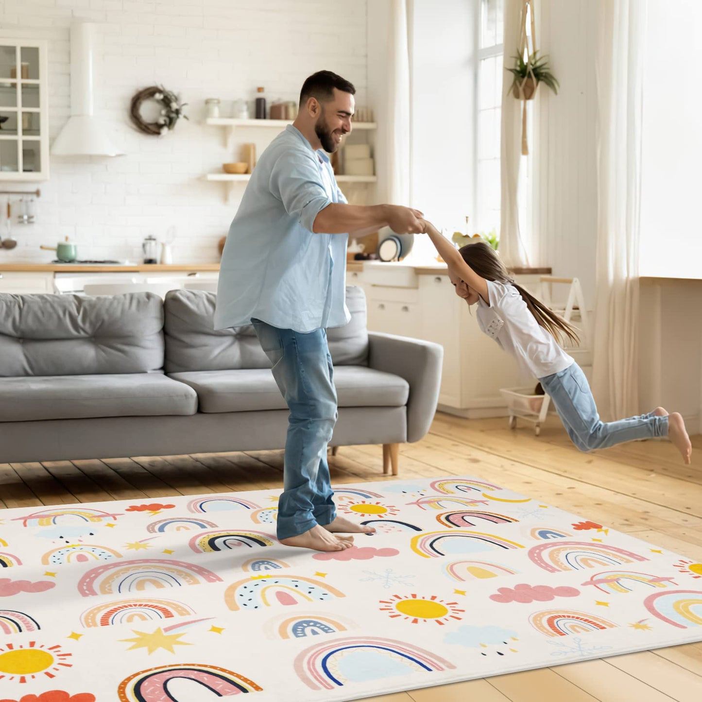 LTKOUGFAM Rainbow Kids Rug 4'11" x 6'6", Soft Kid Area Rug, Large Washable Space Mat, Non-Slip Cute Rainbow Weather Crawling Floor Mat for Living Room Playroom Classroom Bathroom