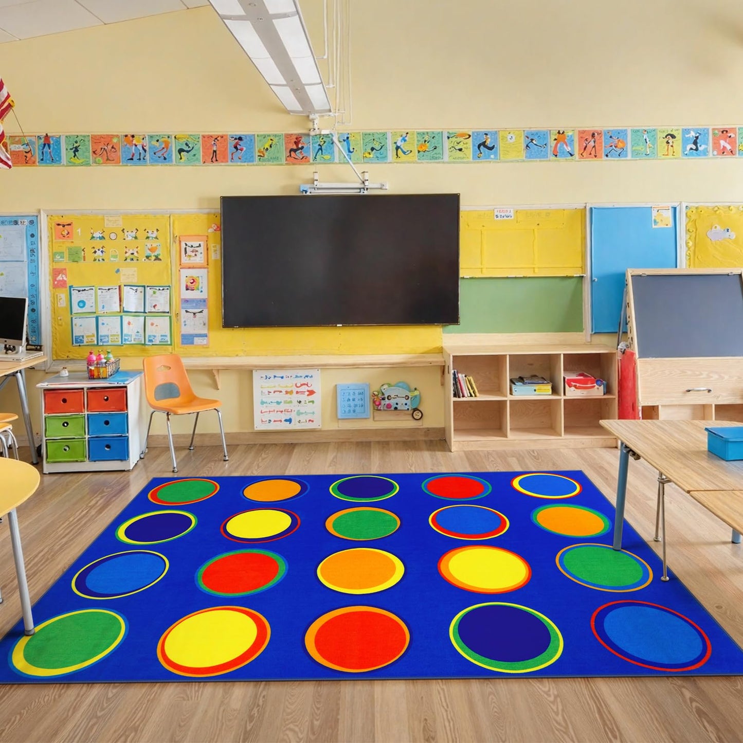 LIVEBOX Sitting Spots Kids Classroom Rug, Washable School Learning Area Rugs, Colorful Preschool Kids Classroom Carpet Non-Slip Playroom Mat for Daycare Learning, 6'x9'(Seats-20)